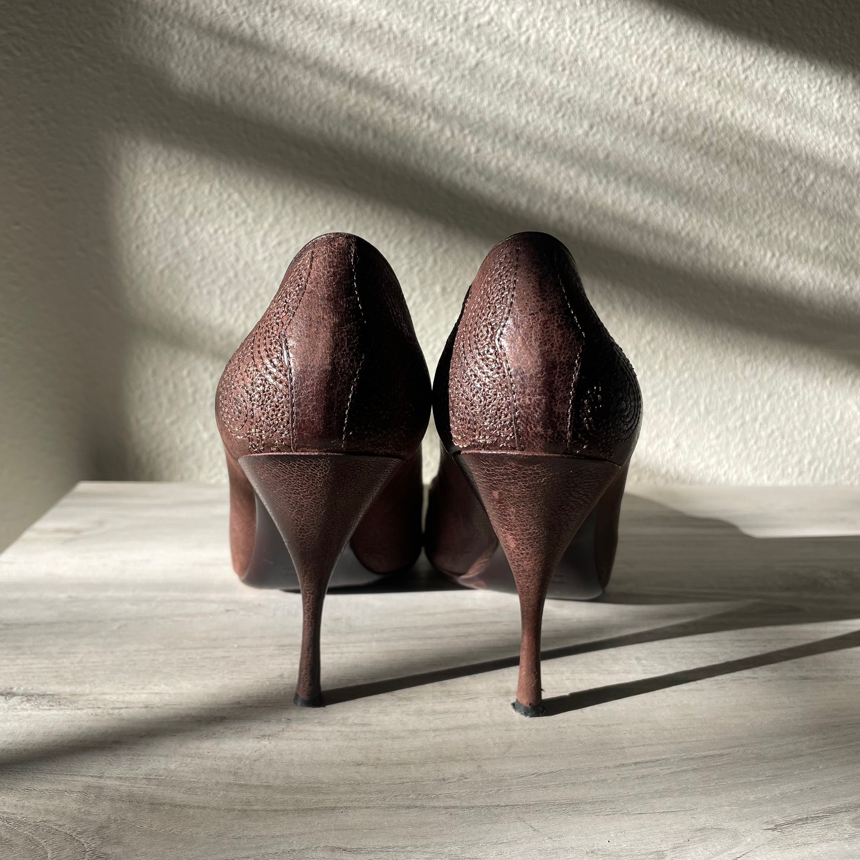 PRADA Brown Leather Embroidered Heel | Size 38 - Etsy