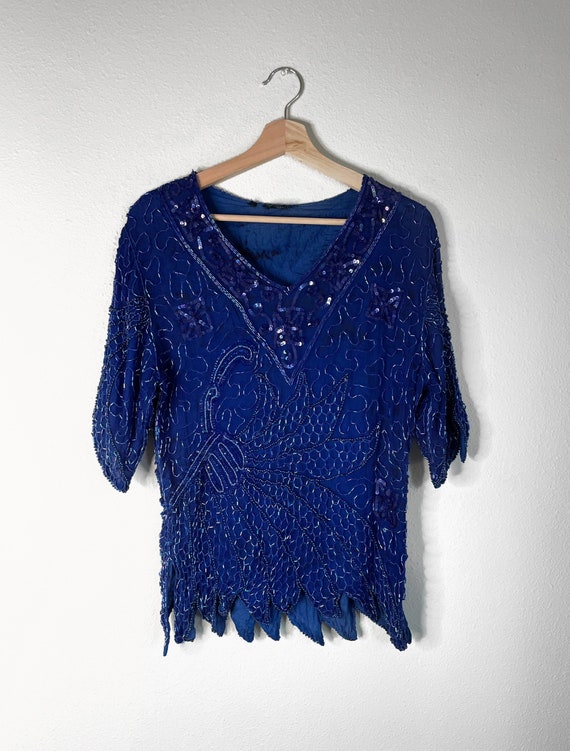 VTG 80s 90s Cobalt Blue Sequin Beaded Blouse | 10… - image 1