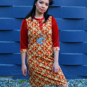 Vintage 70s Orange Velour Psychedelic Print Shift Dress image 2