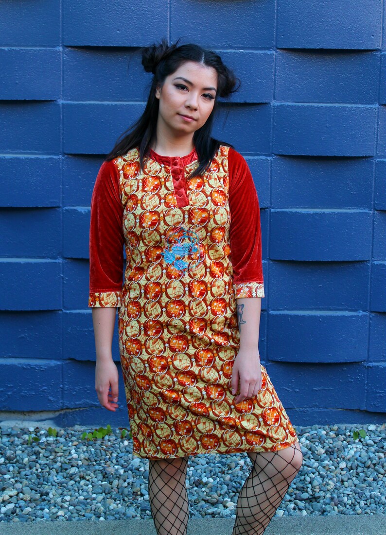 Vintage 70s Orange Velour Psychedelic Print Shift Dress image 2