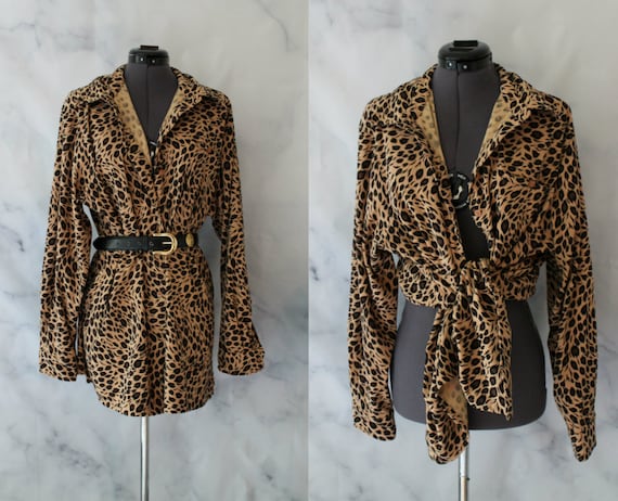 Vintage 90s Animal Print Blouse | Leopard Print B… - image 1