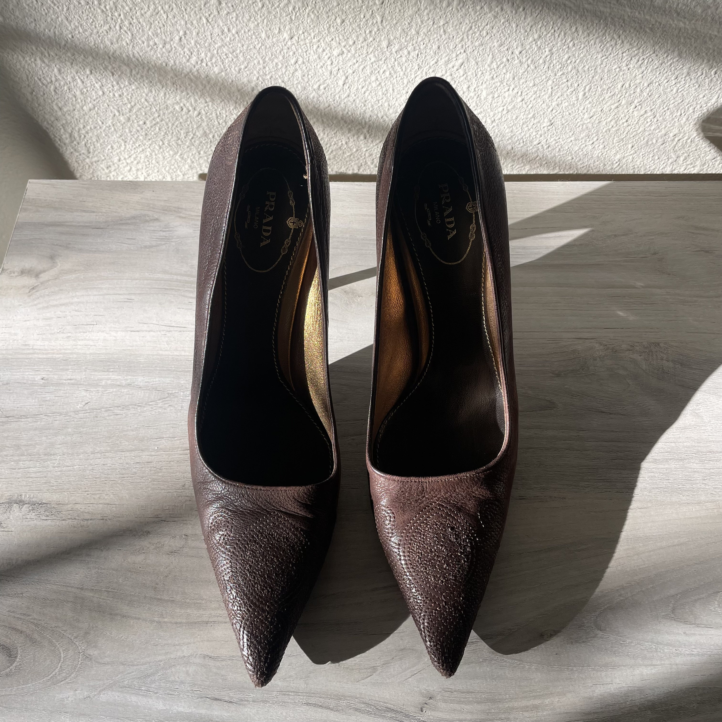 PRADA Brown Leather Embroidered Heel | Size 38 - Etsy