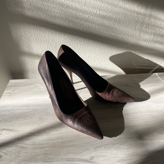 PRADA Brown Leather Embroidered Heel | Size 38 - Etsy