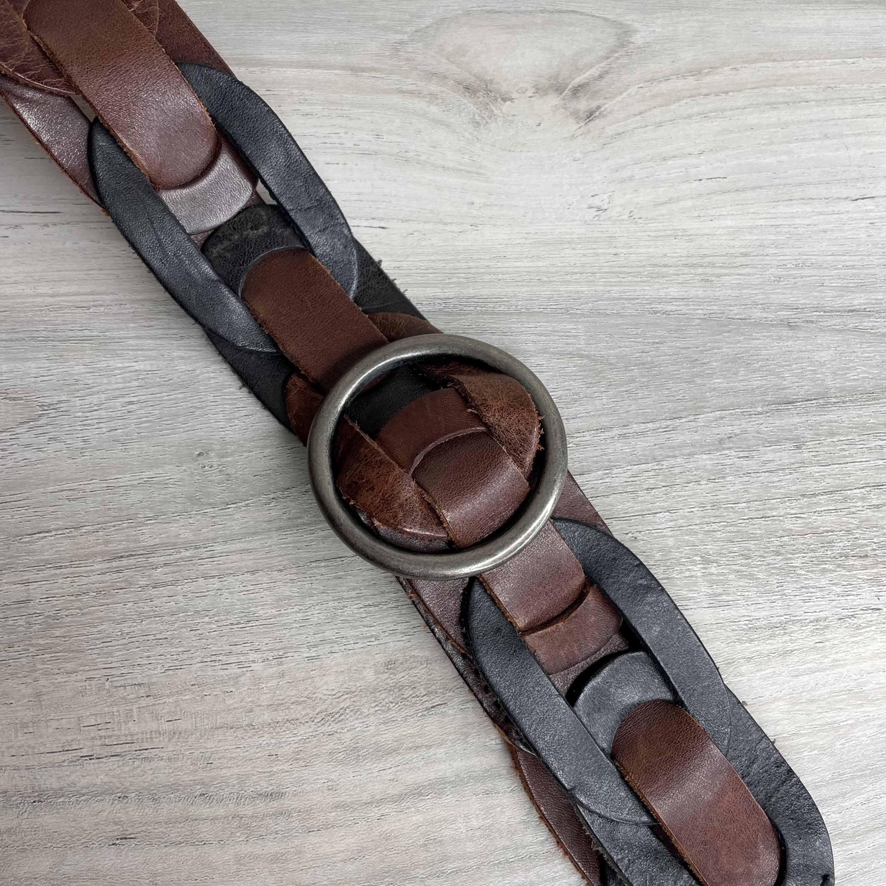 y2k vintage \'06 black and brown genuine leather braided boho belt Chocolate Brown Braided Belt, Vintage Wide Brown Woven  main image 3