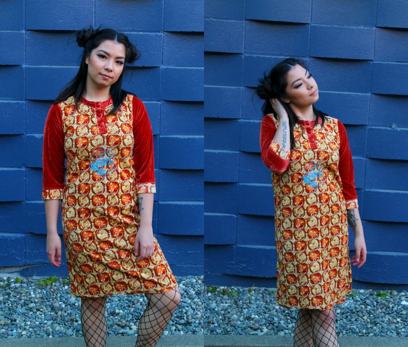 Vintage 70s Orange Velour Psychedelic Print Shift Dress image 1