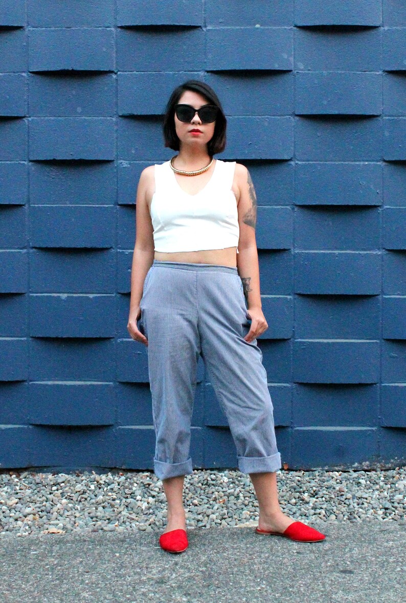 High Rise Vintage Blue /& White Striped Trouser Casual Pinstripe Pant
