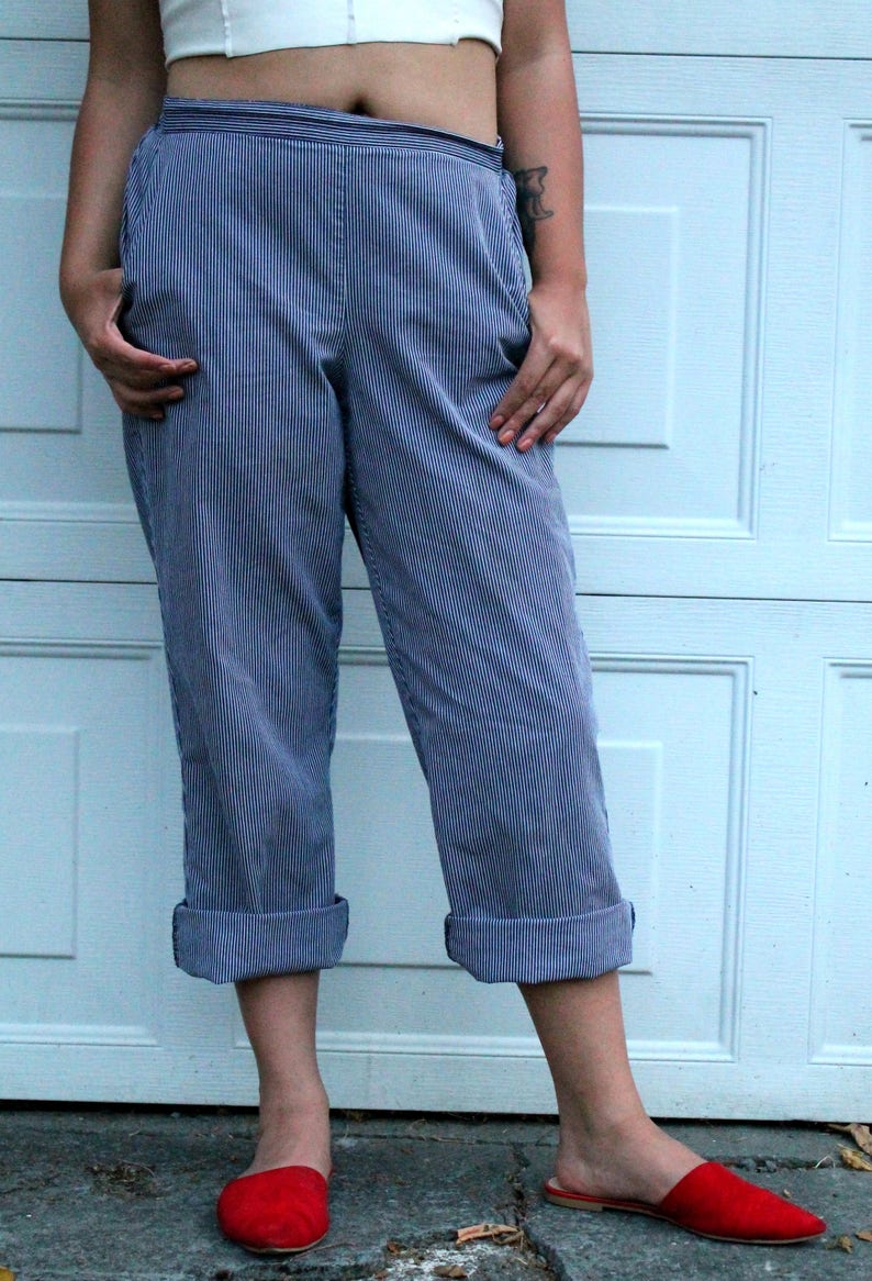 High Rise Vintage Blue /& White Striped Trouser Casual Pinstripe Pant