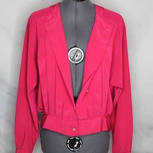Vintage 80s Hot Pink Pleated Blouse | Button Down | Dolman Sleeve