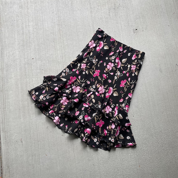Vintage y2k pink floral ruffle hem midi skirt | s… - image 1