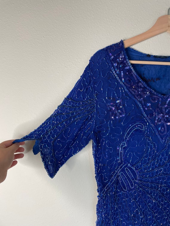 VTG 80s 90s Cobalt Blue Sequin Beaded Blouse | 10… - image 2