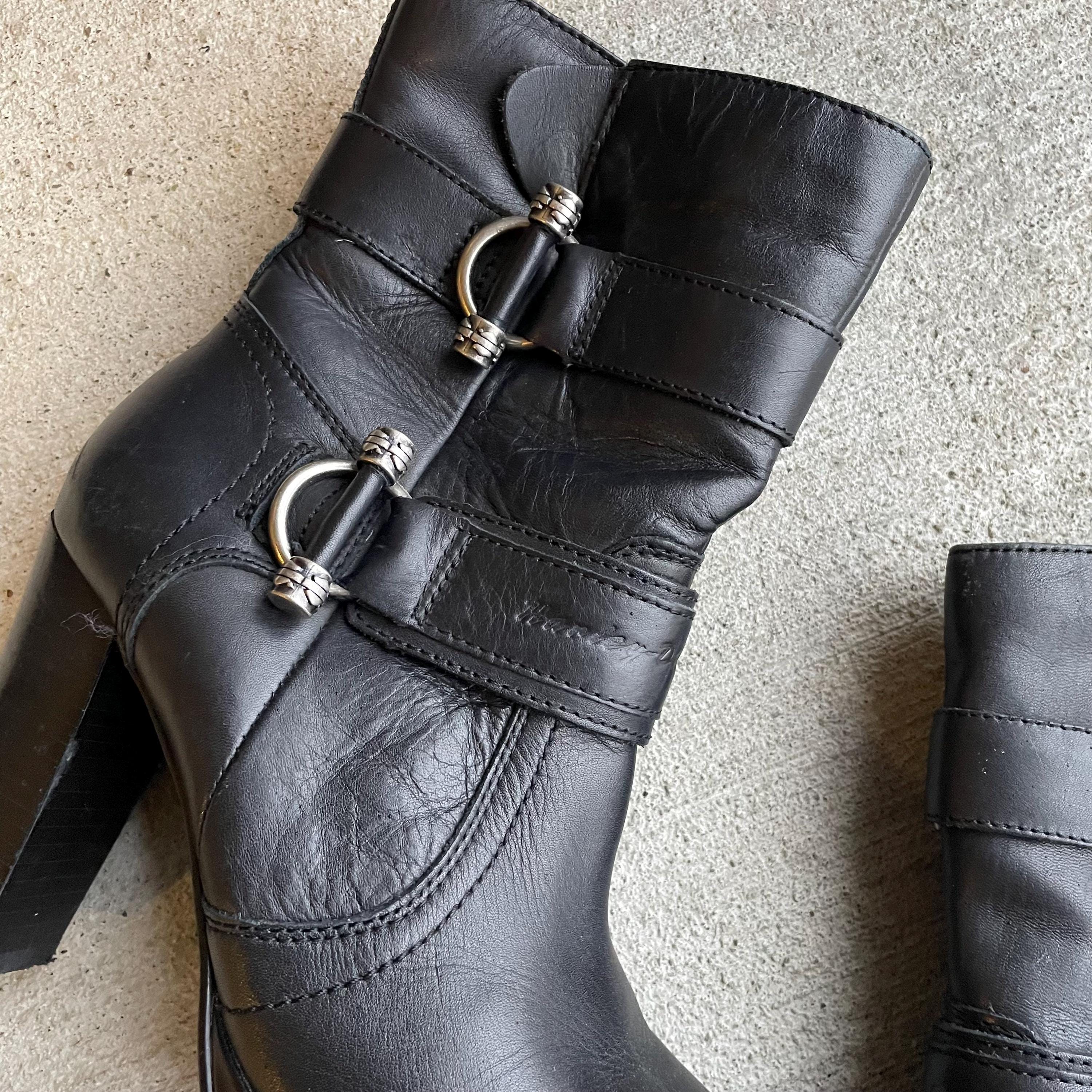 HARLEY DAVIDSON Black Leather High Heel Moto Boots With Silver