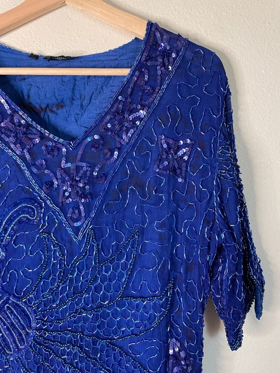 VTG 80s 90s Cobalt Blue Sequin Beaded Blouse | 10… - image 3