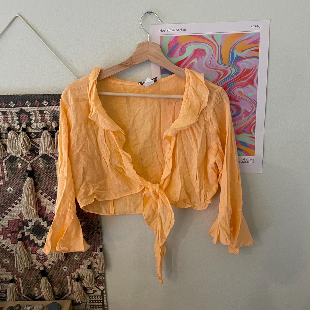 Y2K Orange Ruffle Crop Top | Vintage 2000s Tie Front Cardigan, S-M