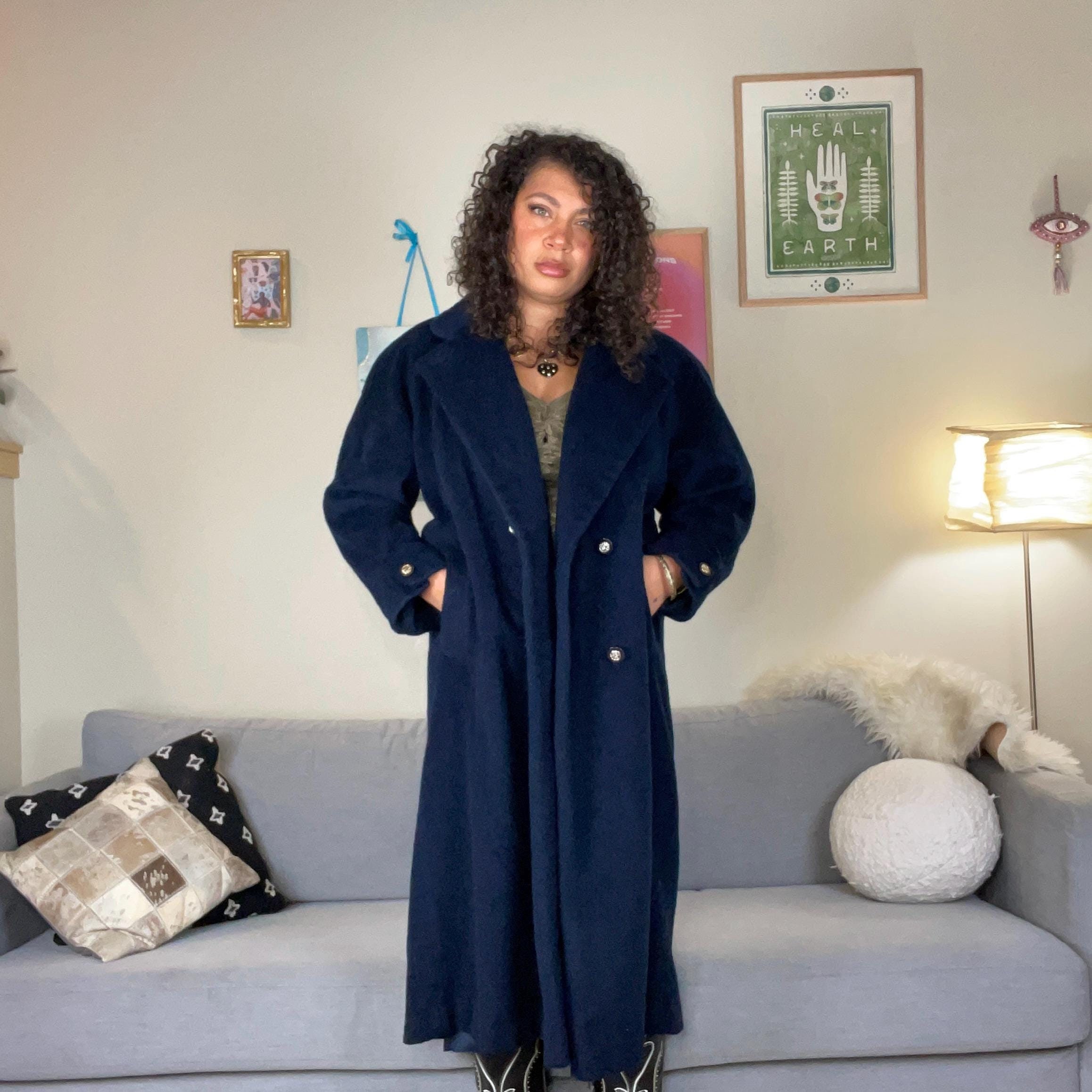 90s Vintage Navy Blue Wool Blend Long Peacoat Size Large - Etsy