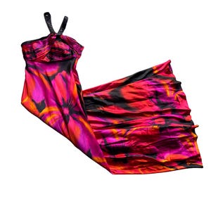 y2k vintage 2000s pink and orange satin maxi halter backless dress | size 5/6