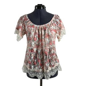 Pink Floral Rose Print Sheer Lace Babydoll Top Size Large