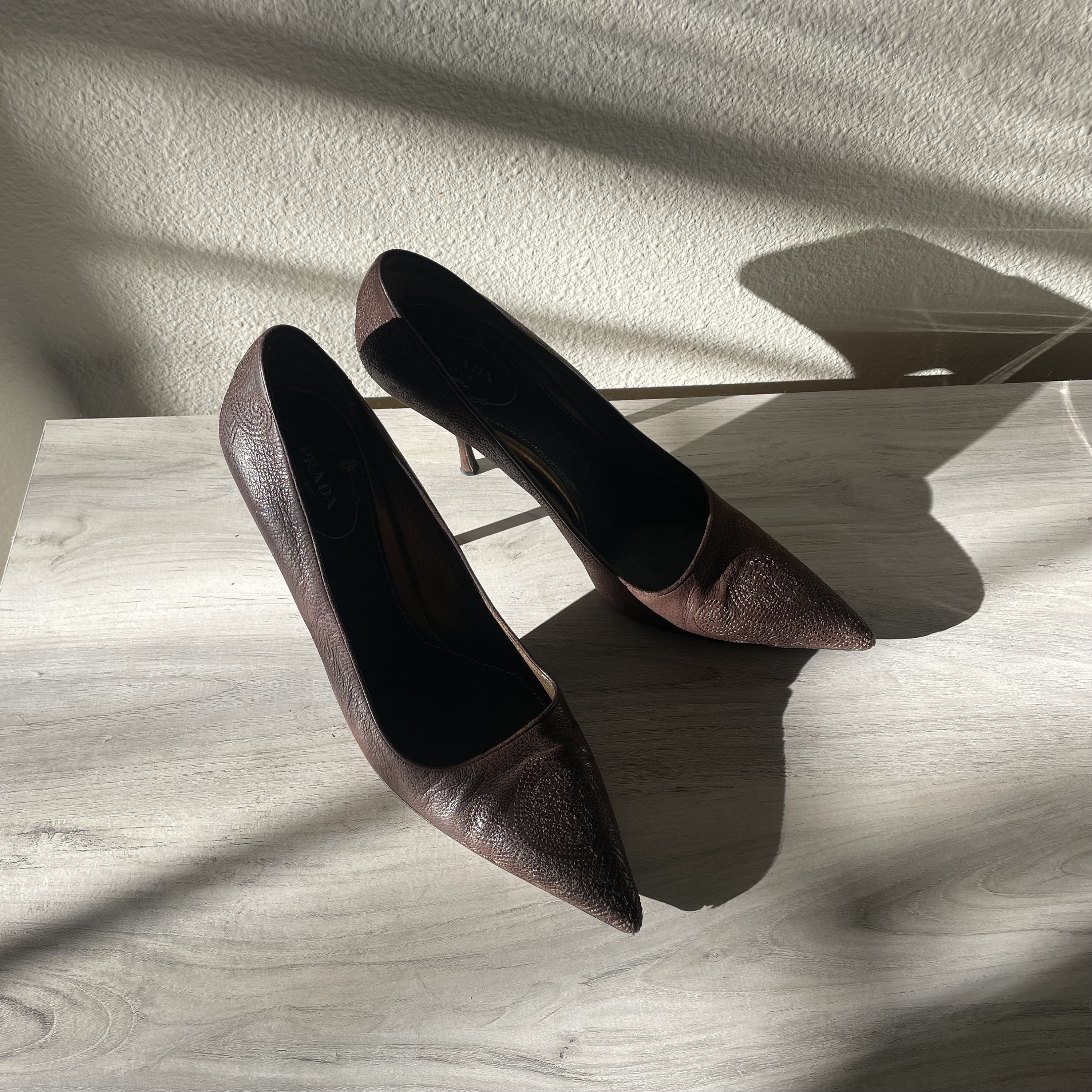 PRADA Brown Leather Embroidered Heel | Size 38 - Etsy