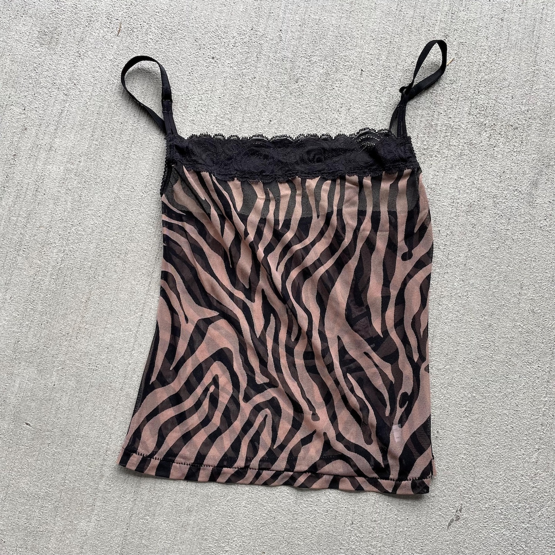 Y2k Zebra Print Sheer Mesh Lace Trim Tank Top Camisole | Size