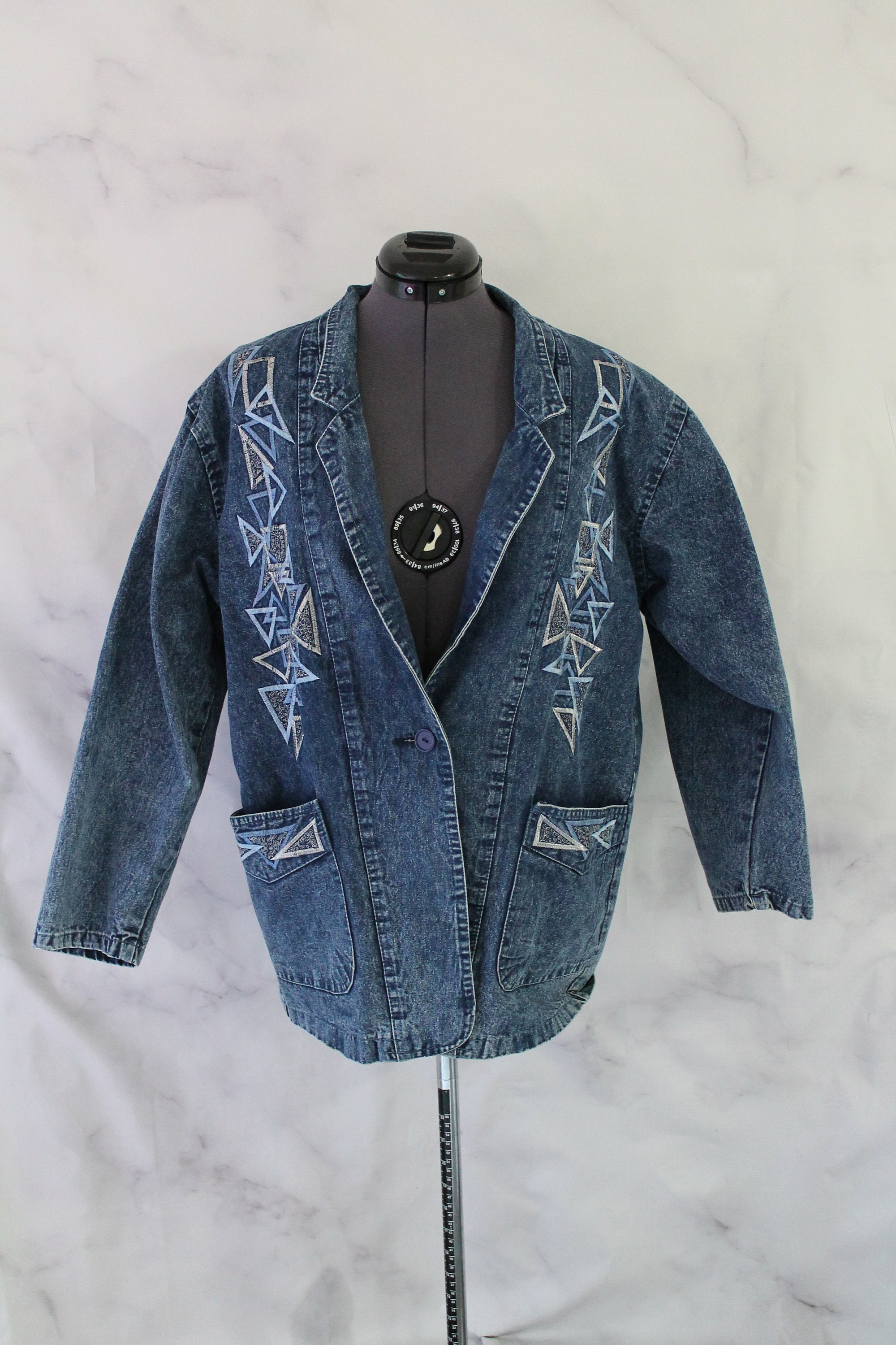 Vintage 80s Embroidered Denim Blazer | Acid Wash Jean Jacket