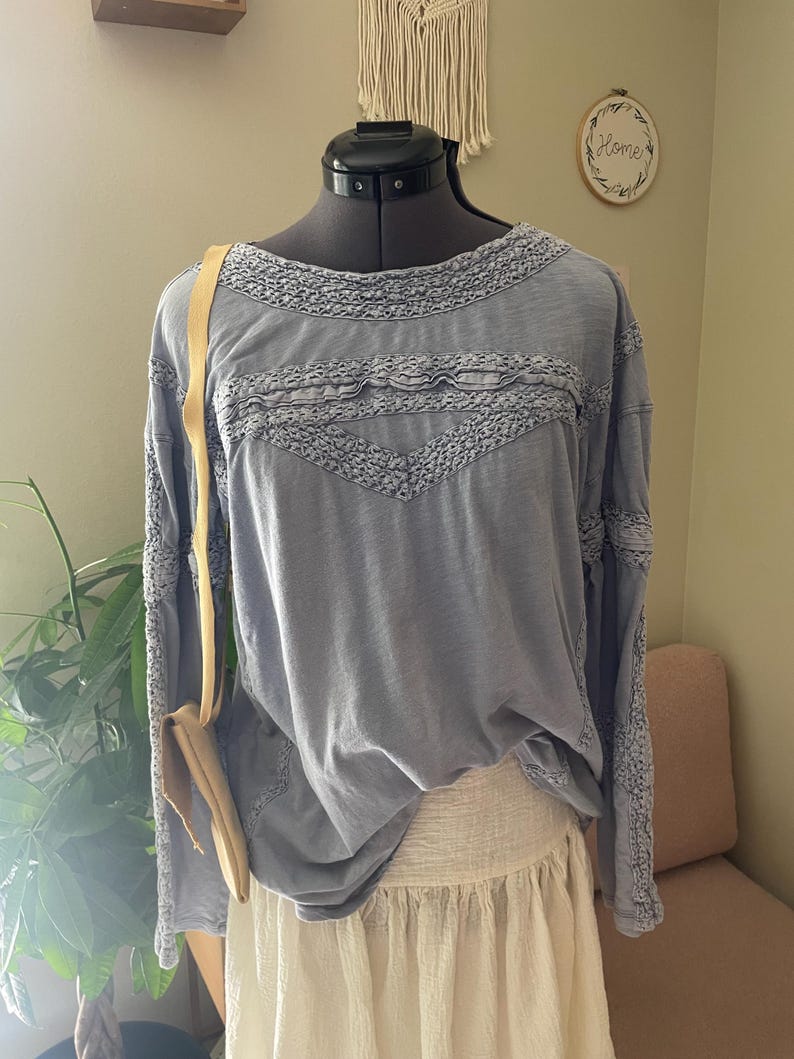 Free People Virkad Långärmad Topp, Ljusblå Bomullsfärgad, Storlek S bild 4