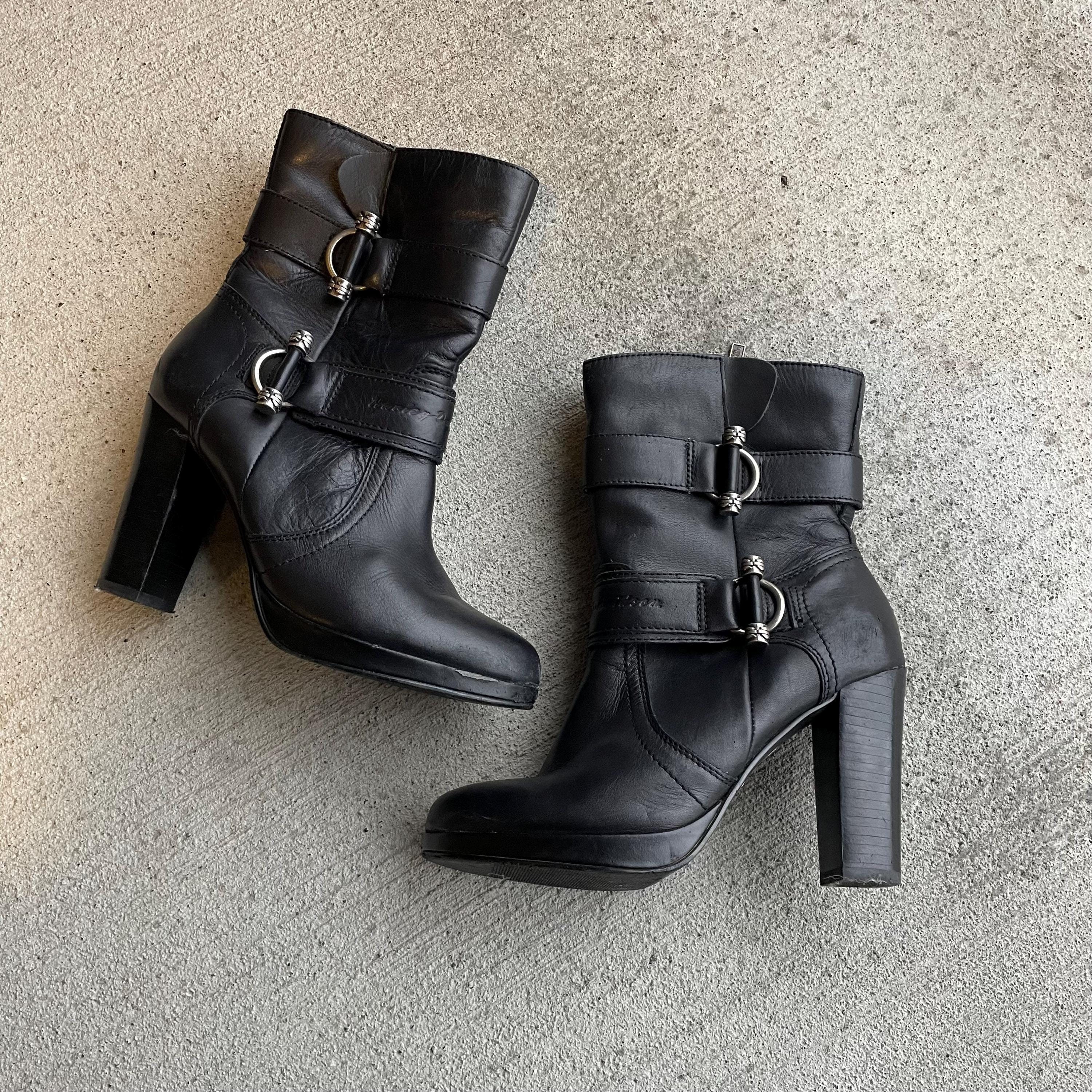 ブラックレザーハイトップブーツ HARLEY DAVIDSON Black Leather High Heel Moto Boots With Silver