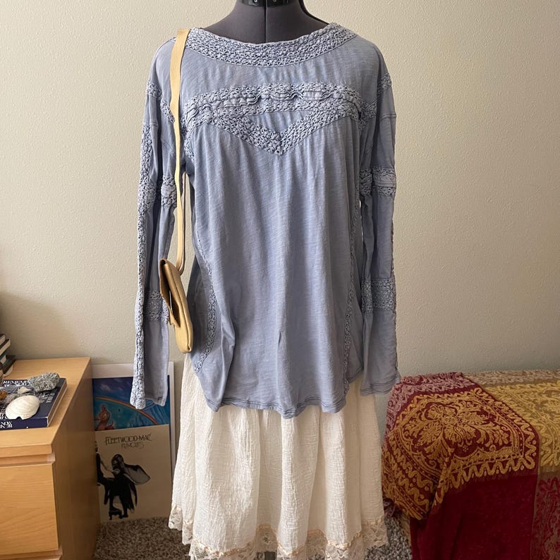 Free People Virkad Långärmad Topp, Ljusblå Bomullsfärgad, Storlek S bild 1