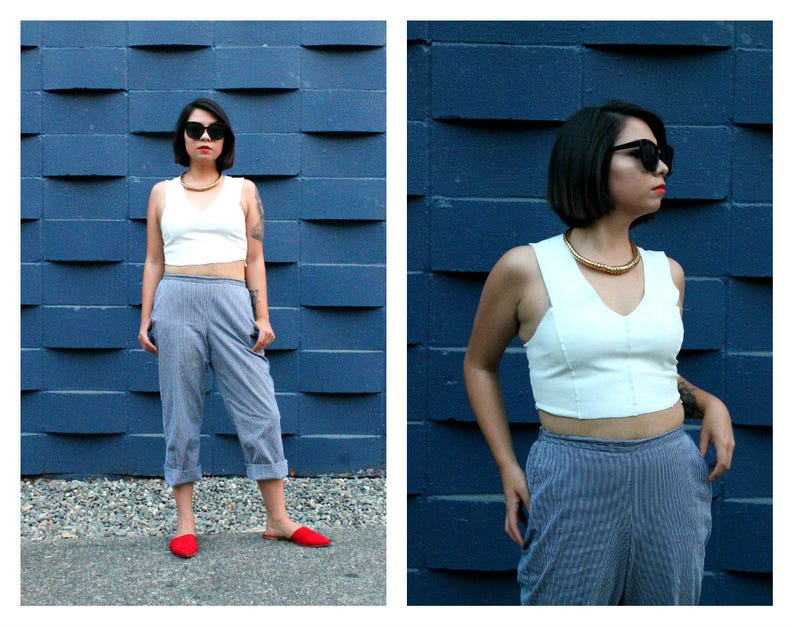 High Rise Vintage Blue /& White Striped Trouser Casual Pinstripe Pant