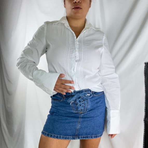 White Collared Cotton Blouse Pleated Lace Detail Vintage 90s Cottage  Aesthetic Clean Minimal Size M