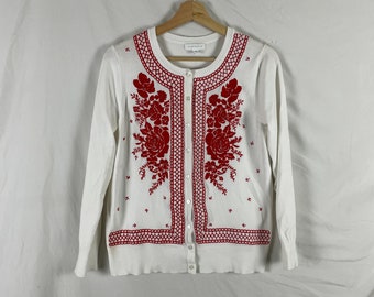 White and Red Embroidered Cardigan | Cottagecore Boho | Size M