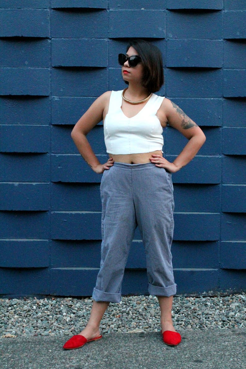 High Rise Vintage Blue /& White Striped Trouser Casual Pinstripe Pant