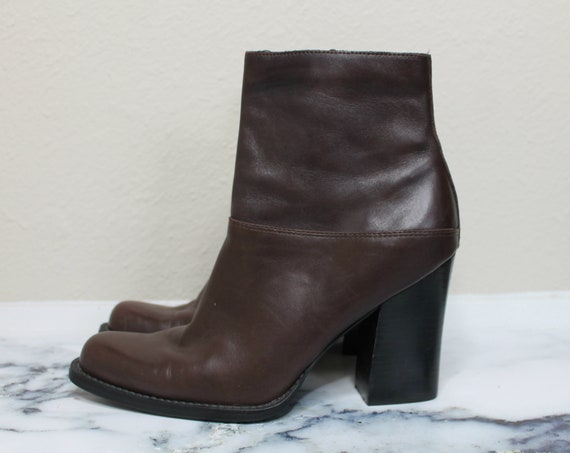 Vintage 90s Brown Leather Boots | High Heel Ankle… - image 1