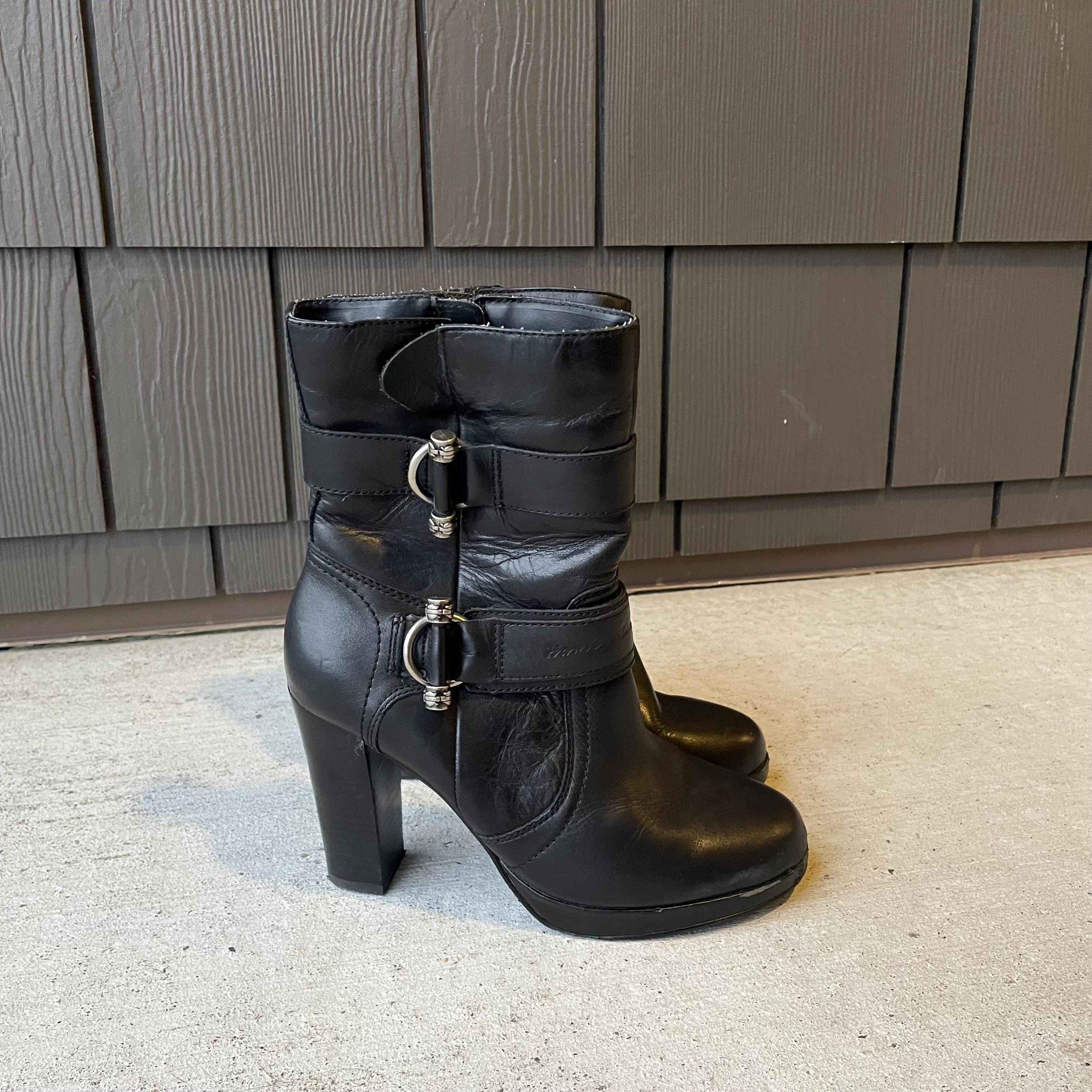 HARLEY DAVIDSON Black Leather High Heel Moto Boots With Silver