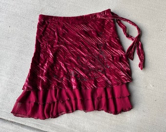 Vintage 2000s Y2K Velour Beaded Fairy Skirt With Silk Ruffle Trim | Size Large