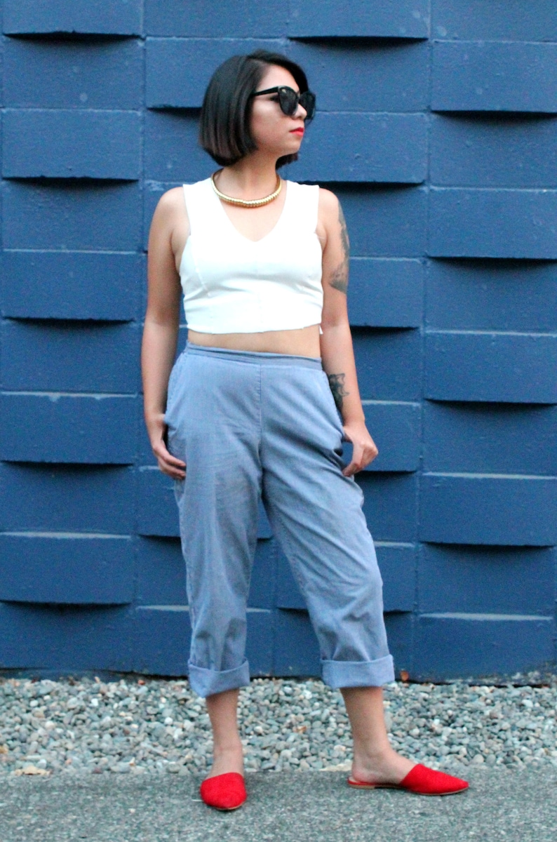 High Rise Vintage Blue /& White Striped Trouser Casual Pinstripe Pant