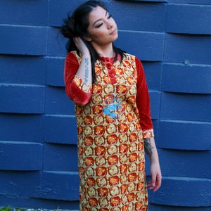 Vintage 70s Orange Velour Psychedelic Print Shift Dress image 4