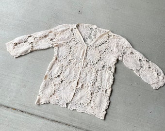 Cream Crochet Cardigan Vintage 60s Handmade Sweater | Size m/l