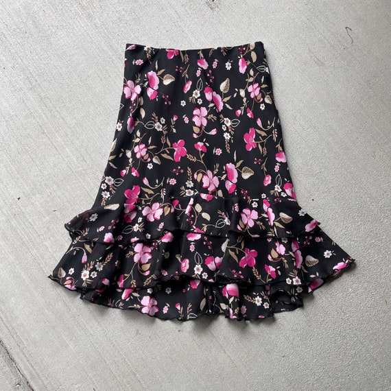 Vintage y2k pink floral ruffle hem midi skirt | s… - image 2