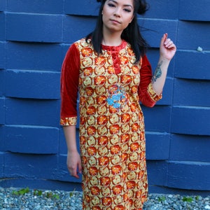 Vintage 70s Orange Velour Psychedelic Print Shift Dress image 3