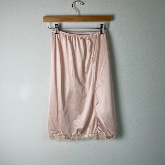 Vintage beige satin midi slip skirt with lace sli… - image 2