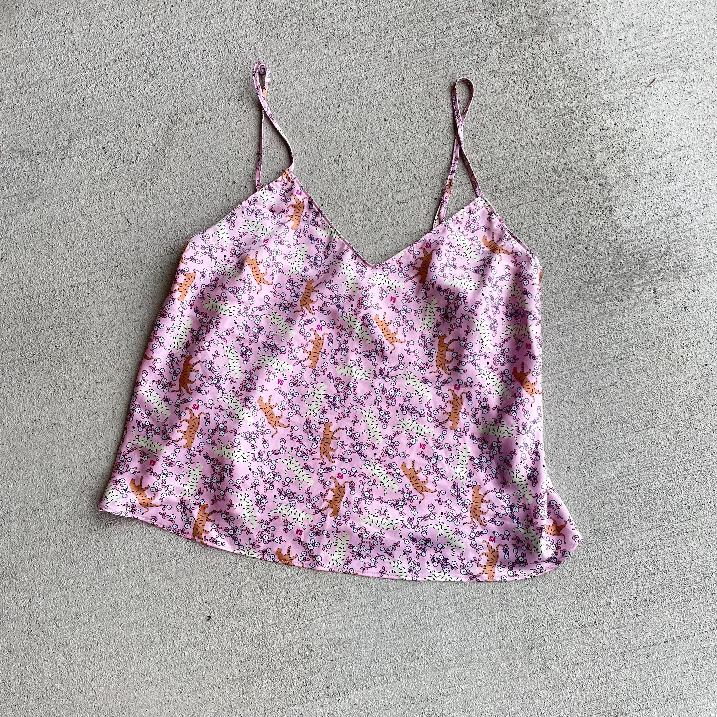 Victoria's Secret pink floral and tiger print silky satin tank top cami | size S