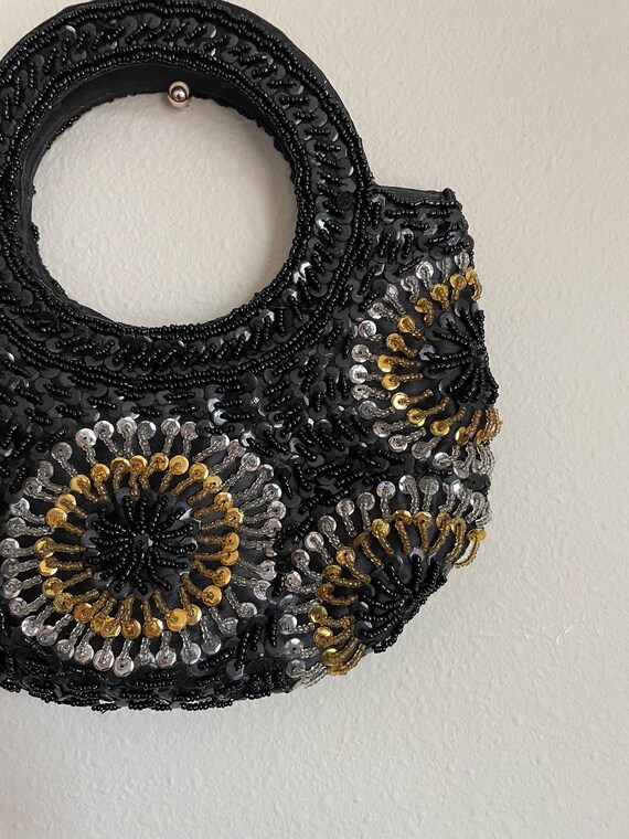 Vintage Black and Gold Beaded and Sequin Handbag - image 2