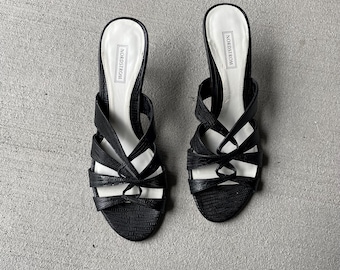 Sandalias de tiras Nordstrom Vero Curio de piel negra con tacón de gatito, estilo años 90, talla 8.5 (EE. UU.)