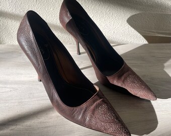 PRADA Brown Leather Embroidered Heel | Size 38 - Etsy
