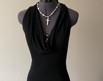 PACO RABANNE vintage schwarzes figurbetontes Kleid mit Wasserfallausschnitt