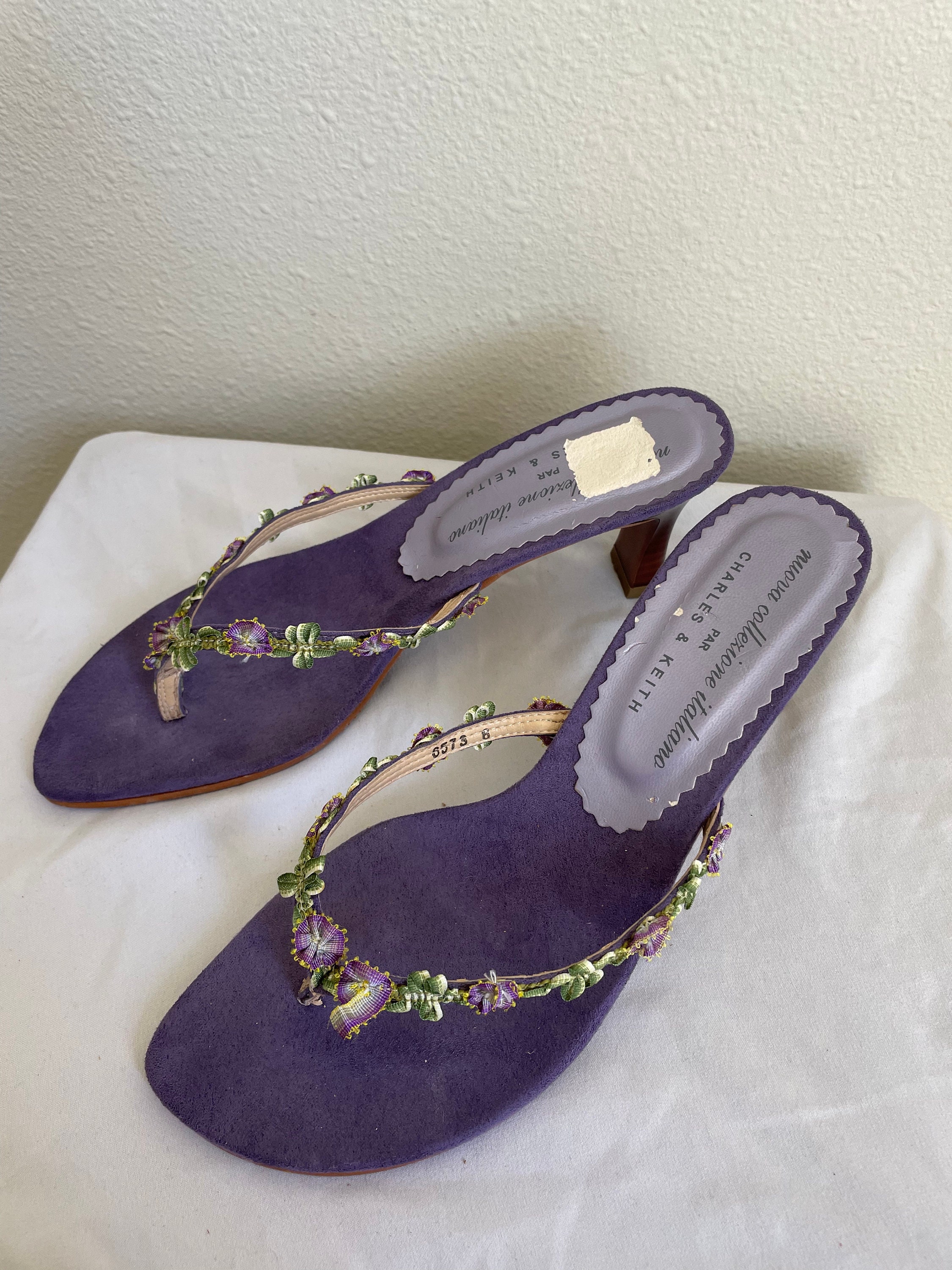 Lilac Floral Kitten Heel Y2K Low Fairy Flower Thong Sandals Etsy