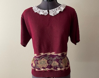maglione vintage anni '90 bordeaux con colletto a maniche corte civetta grandmacore cottage