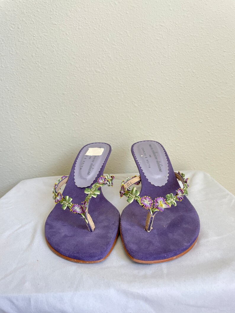 Lilac Floral Kitten Heel Y2K Low Fairy Flower Thong Sandals Etsy