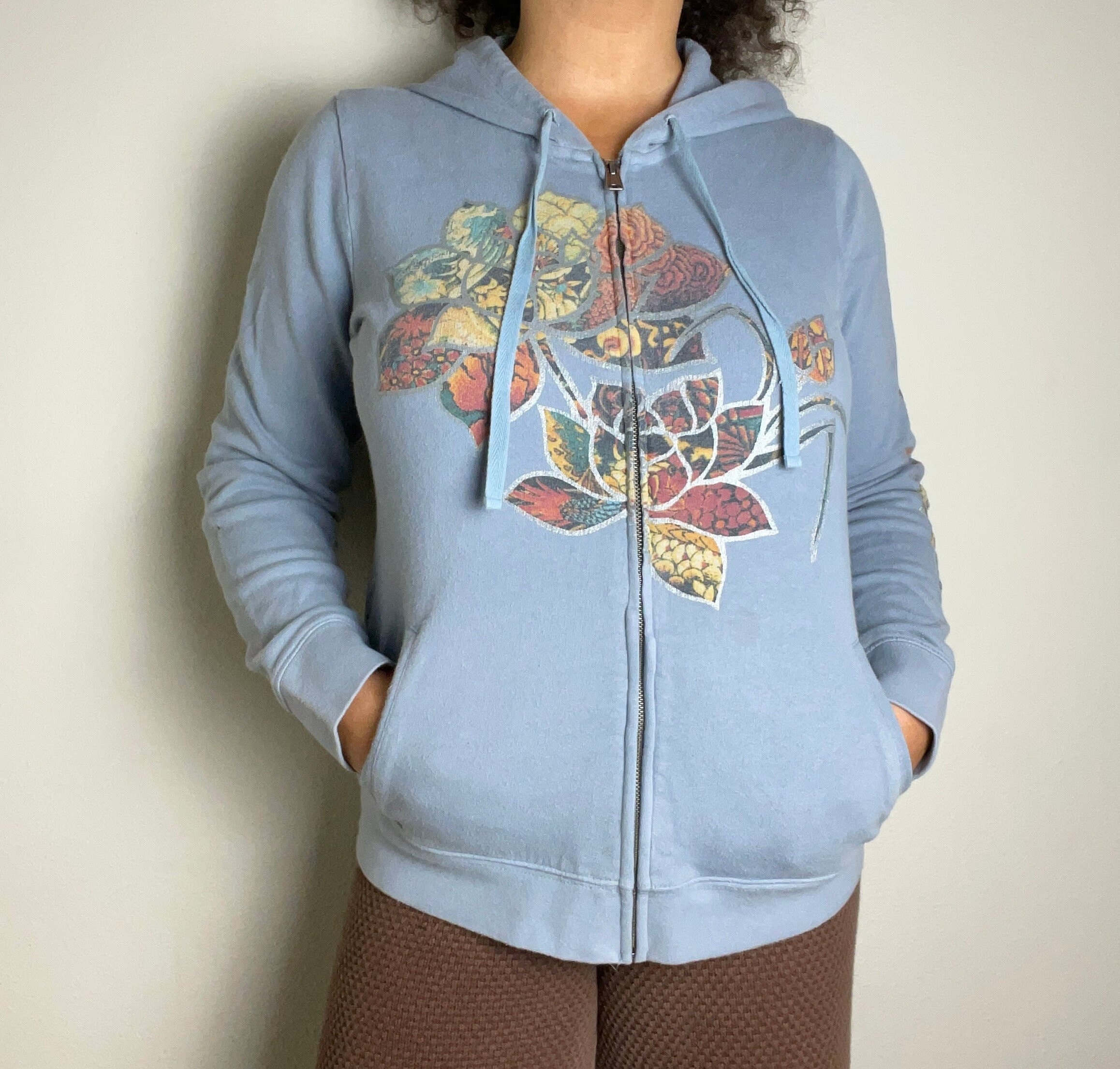 Vtg Y2K Lucky Brand Light Blue Lotus Hoodie Size L 