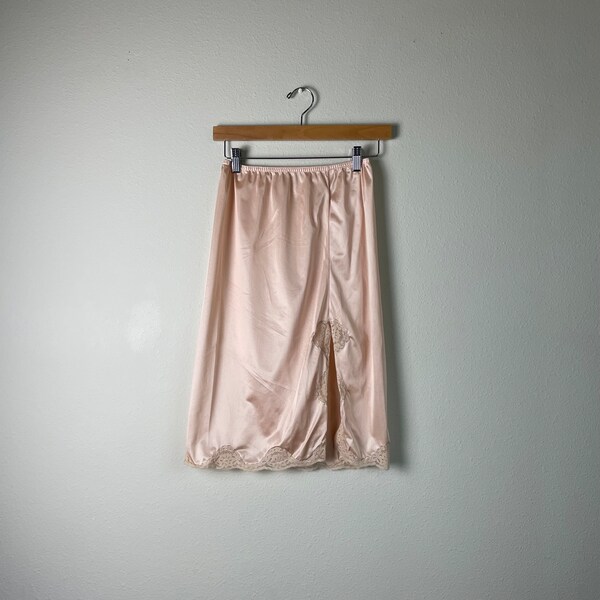 Vintage beige satin midi slip skirt with lace slit detail | size s-m