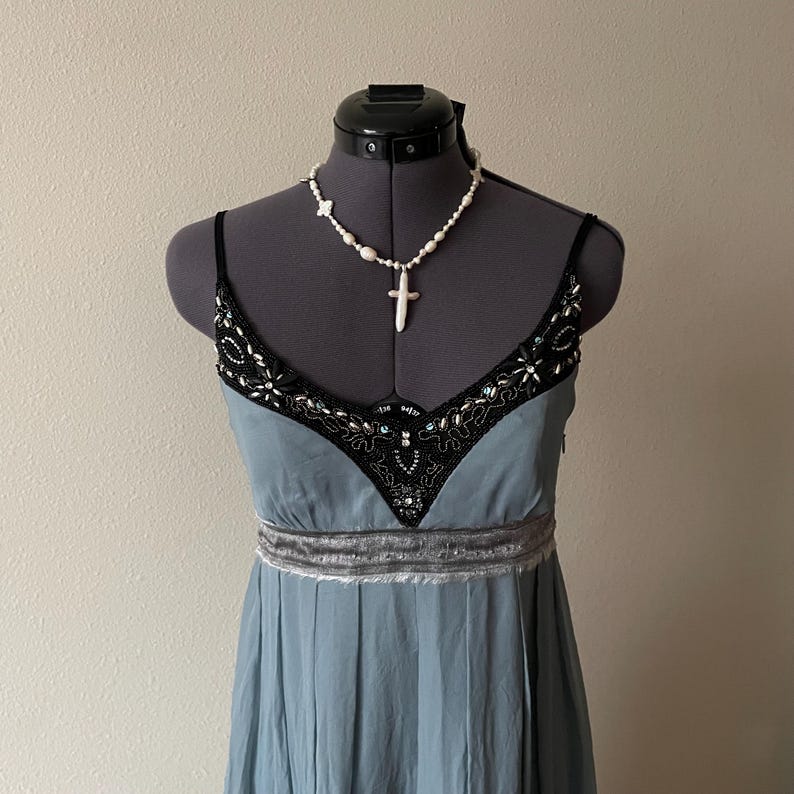 vintage Sue Wong Nocturne Seide Perlen blau ätherisch Fee Abendkleid Abschlussball Hochzeit Gastspiel | Größe 6 Bild 2